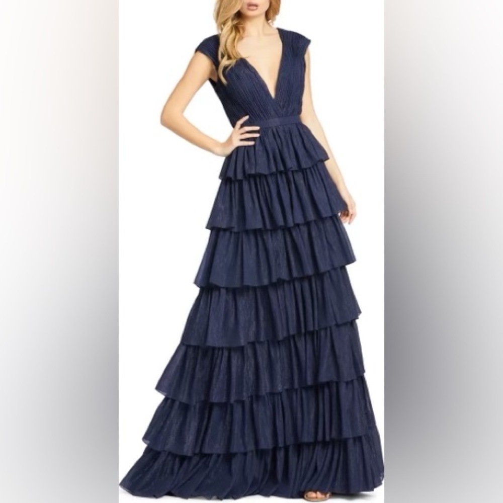 IEENA MAC DUGGAL Metallic Plunge Neck Ruffle Tiered Gown